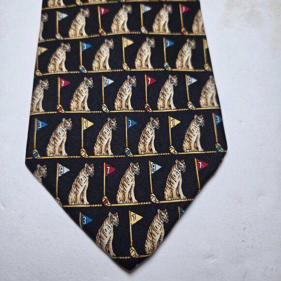 Vintage Brooks Brothers Blue Silk Tie Tigers & Golf Made in USA 3.75" x 57" - Picture 2 of 7